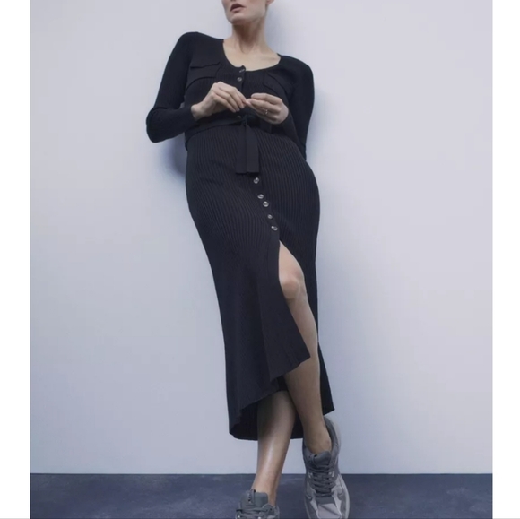 Zara Black Maille Belted Midi Dress - Picture 1 of 8